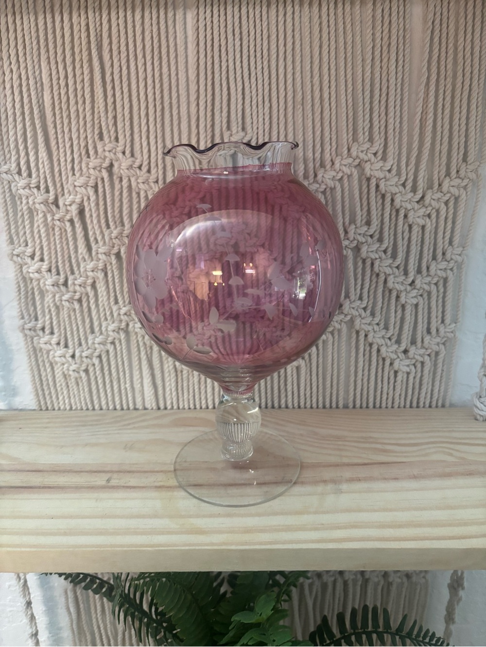 Vintage cranberry glass balloon pedestal vase